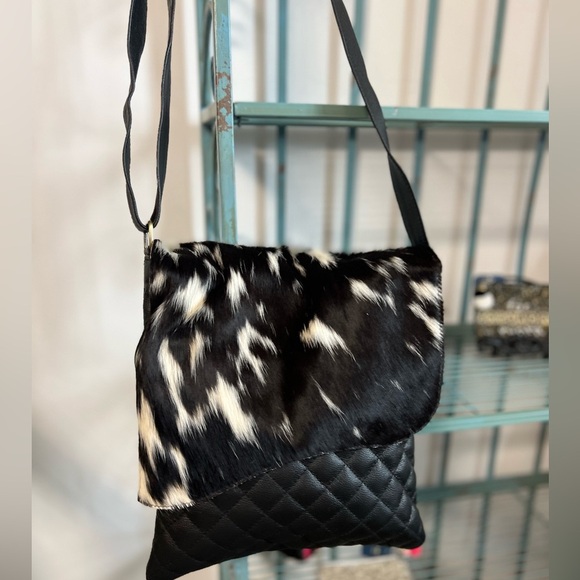 New Genuine Cowhide & Quilted Leather Crossbody Flap Bag Western Festival Black - Picture 6 of 16